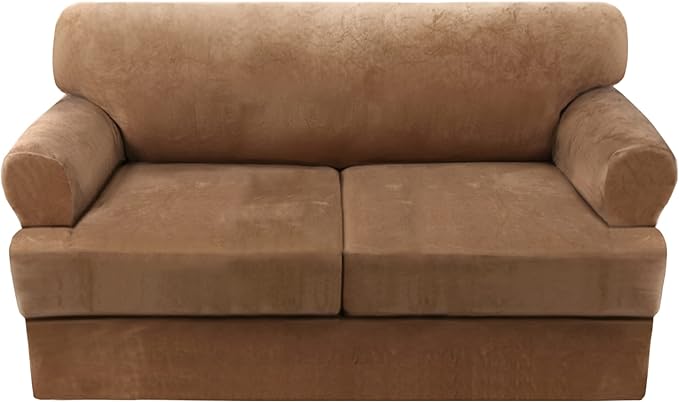H.VERSAILTEX Sofa Cover 3 Piece T Cushion Loveseat Slipcovers Thick Velvet Couch Cover Furniture Protector Stretch T Cushion Sofa Covers for 2 Cushion Couch with 2 Individual T Cushion Covers, Camel