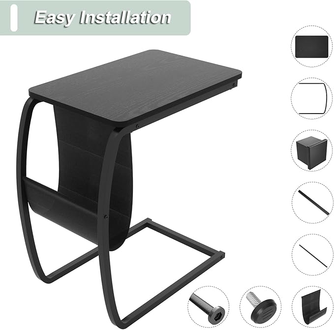 SRIWATANA Side End Tables Living Room, Vintage C-Shaped Laptop Table for Couch, Snack Table with Side Pocket, Black