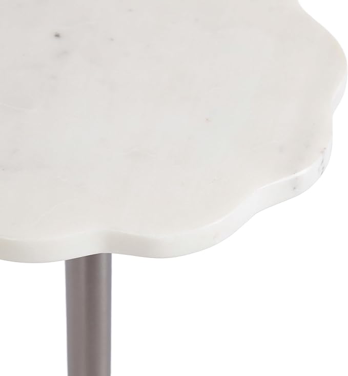 Kate and Laurel Sanzo Modern Pedestal Drink Table, 10 x 10 x 23, White Marble and Silver, Decorative End Table with Scalloped Marble Tabletop for Use as Small Plant Stand or Cute Martini Table
