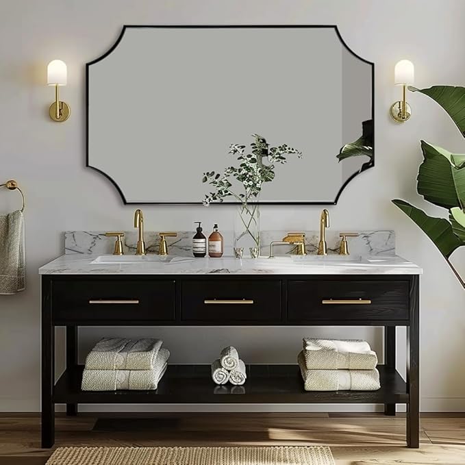 ANDY STAR 30x48 Inch Mirror, Matte Black Bathroom Vanity Mirror, Scalloped Rectangle Mirror in Premium Stainless Steel Metal Thin Frame Deep 1", Large Wall-Mounted Mirror (Horizontal/Vertical)