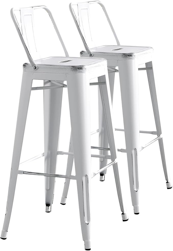 AC Pacific Modern Metal Barstool Set of 2 – Country Rustic Style with Low Back, Lightweight & Sturdy Build, Easy Assembly –, 30" Seat, Distressed White