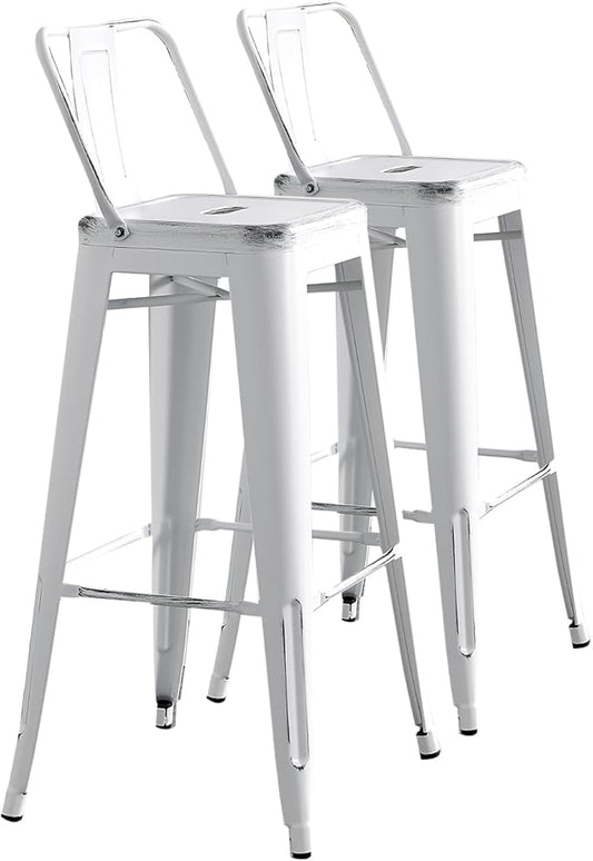 AC Pacific Modern Metal Barstool Set of 2 – Country Rustic Style with Low Back, Lightweight & Sturdy Build, Easy Assembly –, 30" Seat, Distressed White
