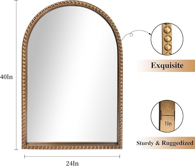 ironsmithn Gold Arched Mirror, 24"x40" Beaded Frame Arch Mirrors, Marlowe Decorative Accent Mirrors for Fireplace Bedroom Bathroom Living Room Entryway
