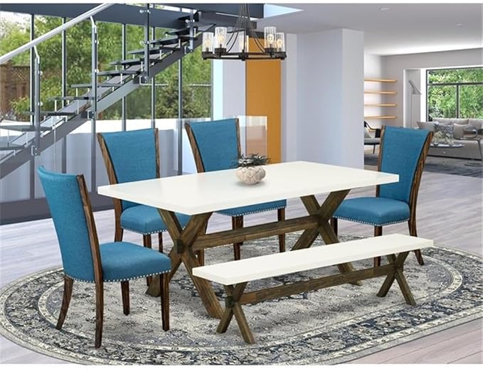 East West Furniture X727VE721-6 6 Piece Dining Table Set Contains a Rectangle Dining Room Table with X-Legs and 4 Blue Color Linen Fabric Parson Chairs with a Bench, 40x72 Inch, Multi-Color