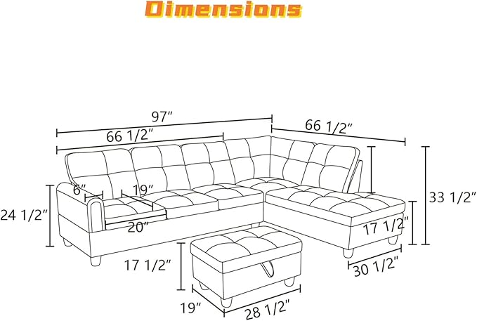 L Shaped Sectional Couch with Otttoman, 97" Sectional Sofa for Living Room Flannel Modular Couches with Cup Holders for Bedroom, Apartments, Grey
