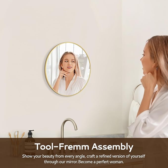 12 Inch Gold Round Bathroom Mirror Circle Wall Mirrors Brushed Metal Frame Anti-Rust Tempered Glass Mirror for Bathroom Bedroom Entryway Living Room