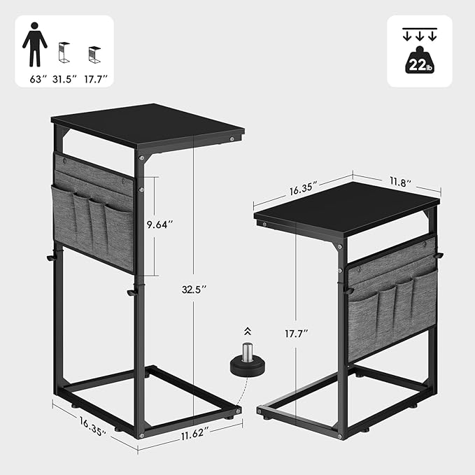 Vagusicc C Shaped End Table, 33'' Tall Side Table for Couch, Adjustable Height Small Couch Side Table for Small Spaces, Couch Table Slide Under Sofa Table TV Tray Table for Living Room Bedroom, Black