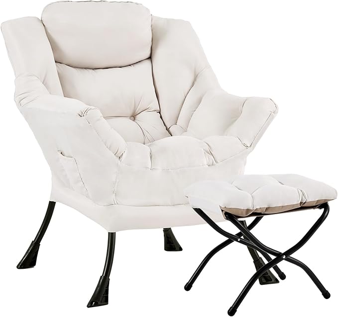 Lazy Chair with Ottoman, Large Modern Lounge Accent Chair with Armrests and Footrest, Reading Armchair with Ottoman, Leisure Sofa Chair for Living Room, Bedroom, Dorm Room, Office（Beige）