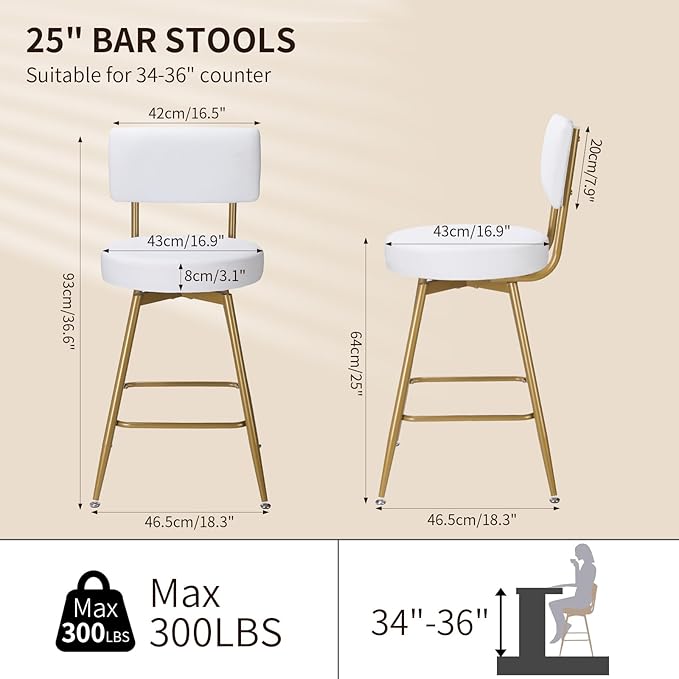 Gold White Bar Stools Set of 2, Modern Counter Height Bar Stools, 25" Upholstered Swivel Round Barstools with Back Bar Chair Island Stool for Kitchen Counter, White Gold