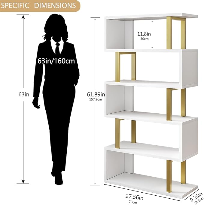 SORCEDAS Bookshelf Geometric Bookcase S Shaped Industrial Bookshelf Storage Display Stand Shelf for Living Room Bedroom and Office Room (White, 5 Tier)