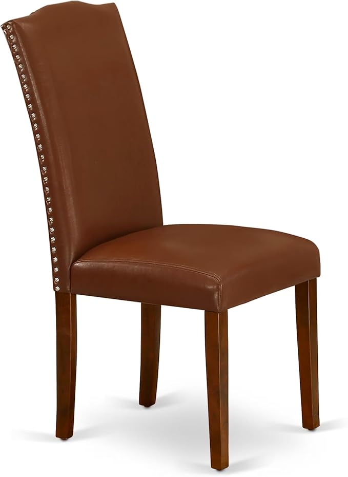 East West Furniture ANEN3-MAH-66 3 Piece Dining Room Furniture Set Contains a Round Dining Table with Pedestal and 2 Brown Faux Faux Leather Upholstered Chairs, 36x36 Inch, Mahogany