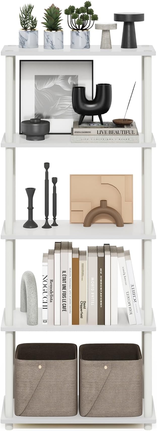 Furinno Turn-N-Tube 5-Tier Multipurpose Shelf Display Rack, White/White
