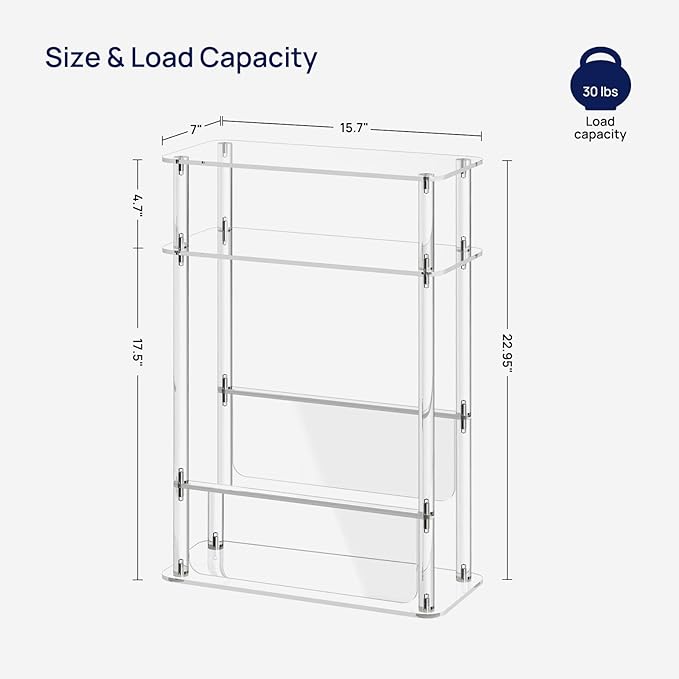 HMYHUM Acrylic Narrow End Table for Small Spaces with Magazine Holder, Slim Side Small Nightstand/Bedside Table for Living Room, Bedroom, 3 Tier, 15.7" L x 7" W x 23" H, Clear