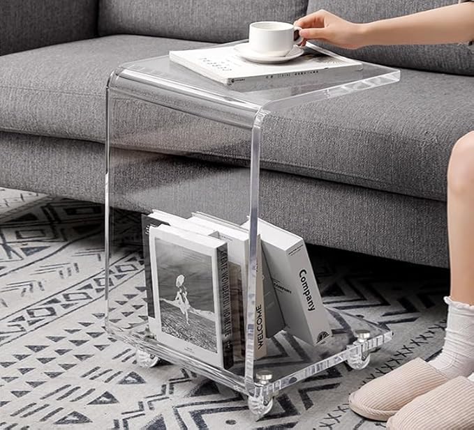 ONELUX Mobile C Shaped End Table,Acrylic Sofa Side Table, Snack Table On Wheels,Clear Rolling Table