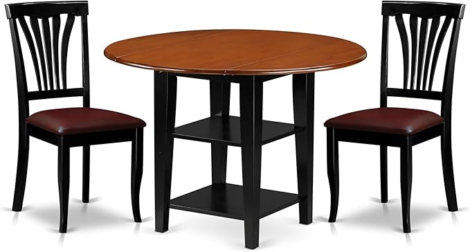 East West Furniture SUAV3-BCH-LC 3 Piece Dining Table Set Contains a Round Dining Room Table with Dropleaf & Shelves and 2 Faux Leather Upholstered Chairs, 42x42 Inch, Black & Cherry