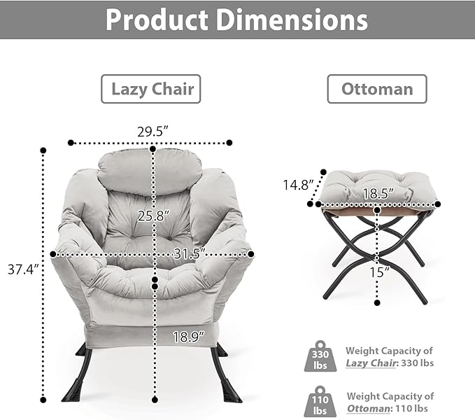 Lazy Chair with Folding Ottoman, Accent Chair Velvet Upholstered with Metal Structure and Non-Slip Pads, Sofa Armchair with Footrest and Side Storage Bag for Dorm, Room, Office, Light Gray