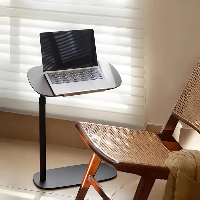 Modern Minimalist C Shaped Side Table, Wooden Sofa Table with Adjustable Height and Swivel Top, Laptop Desk for Living Room, Bedroom, Study and Small Spaces, Walnut Wood