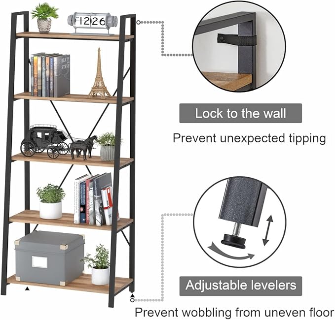BON AUGURE Industrial 5 Tier Ladder Bookshelf, Wood and Metal Ladder Shelf Bookcase, Farmhouse Leaning Shelves for Living Room (Vintage Oak)