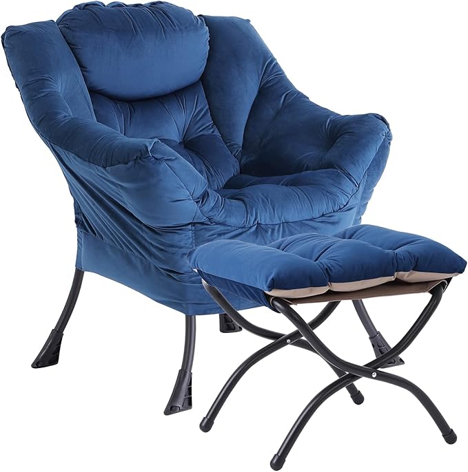 LITA Lazy Chair with Ottoman, Modern Accent Leisure Upholstered Sofa Chair, Contemporary Lounge Reading Chair with Armrests and a Side Pocket for Living Room, Bedroom & Small Space, Royal Blue