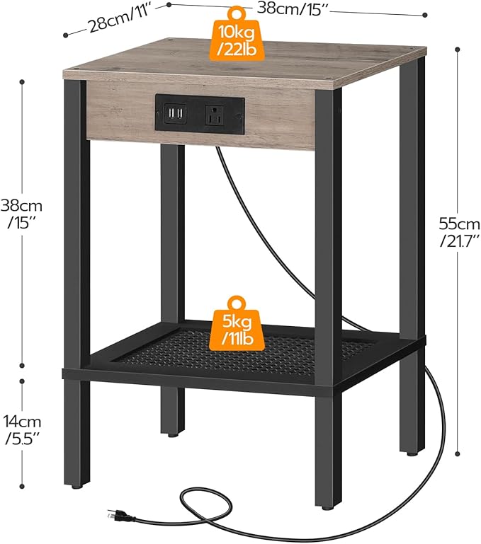 HOOBRO Side Table with Charging Station, End Table with USB Ports and Outlet, Nightstand with Storage Shelf, Faux Rattan Decoration, for Living Room, Bedroom, Greige and Black BG91UBZ01