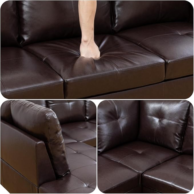 Modern Living Room Furniture Sets with Pillows, Modular Sectional Couches with Chaise Lounge, 4-Seaters L Shape Sofa with Storage Ottoman, for Living Room, Faux Leather, Brown