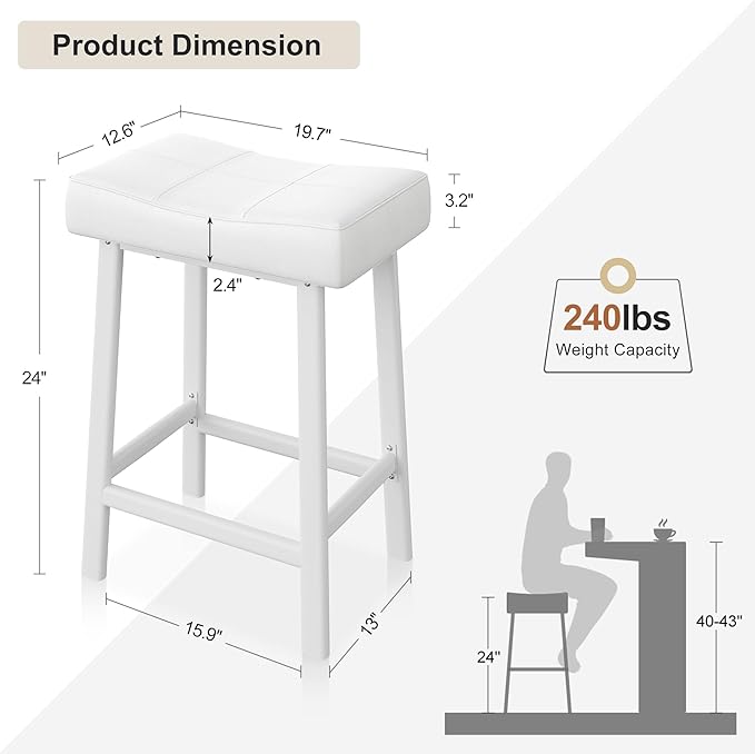 GarveeHome Counter Height Bar Stools Set of 2, 24 Inch Barstools for Kitchen Island Counter, Upholstered Padded Saddle Chairs with Curved Cushion, Easy Assembly, White