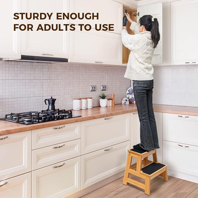 StrongTek Wood Step Stool for Adults and Kids, 17 Inch Tall, Non-Slip Step Surface, Heavy Duty, Two Step for Kitchen, Bed, Bathroom, 500 lbs Capacity