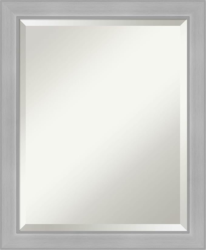 Amanti Art Silver Bathroom Mirror for Over Sink, 23x19 Vista Brushed Nickel Narrow Rectangle Vanity Mirror, Small Casual Frame, Hangs Horizonally and Vertically, Bathroom Wall Decor, Beveled Edge