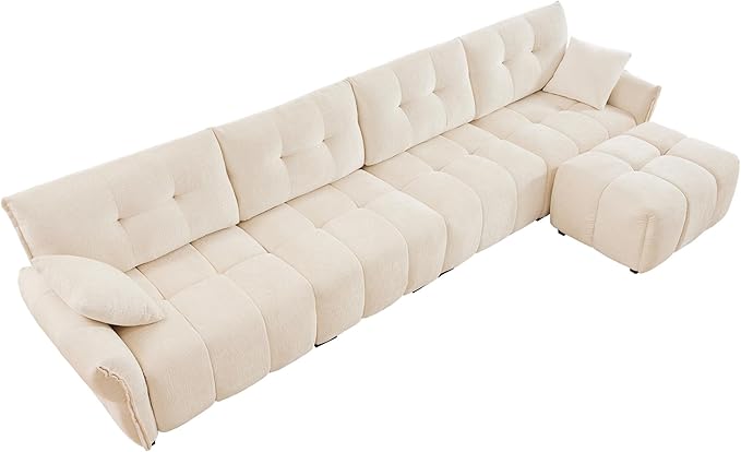 Modern Chenille Fabric 4-Seat Sofa w/Ottoman+2 Pillows, Premium Upholstery Living Room Couch with Tufted Backrest & Comfortable Armrests and High-Resilience Memory Foam Cushions,White