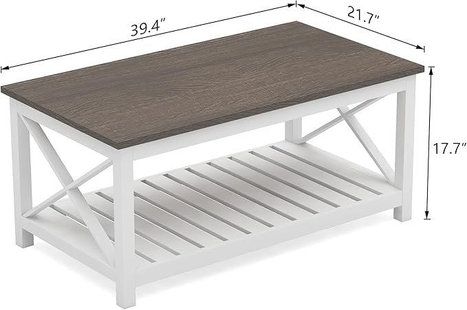 ChooChoo Coffee Table, Rustic Farmhouse Table with Shelf for Living Room, Vintage Finish White