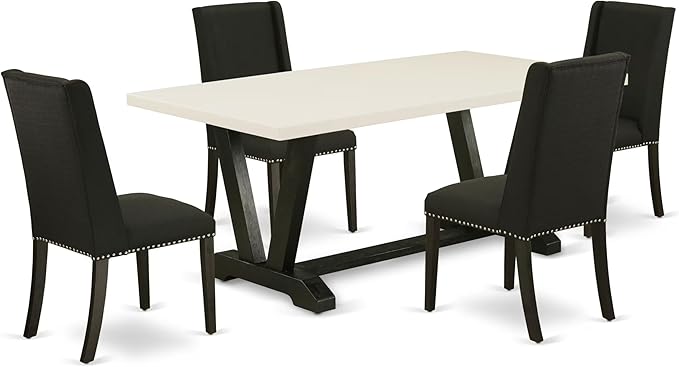 East West Furniture V627FL624-5 5 Piece Kitchen Table & Chairs Set Includes a Rectangle Dining Room Table with V-Legs and 4 Black Linen Fabric Upholstered Chairs, 40x72 Inch, Multi-Color