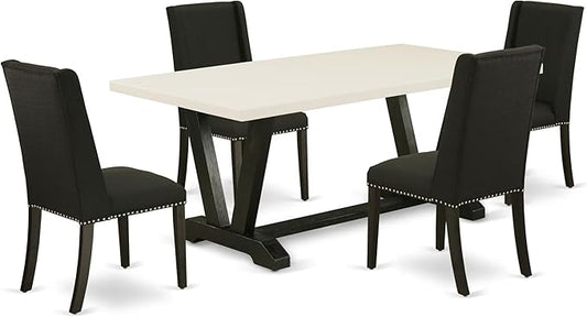 East West Furniture V627FL624-5 5 Piece Kitchen Table & Chairs Set Includes a Rectangle Dining Room Table with V-Legs and 4 Black Linen Fabric Upholstered Chairs, 40x72 Inch, Multi-Color