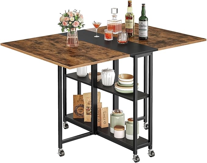 Folding Dining Table, Movable Dining Table, Expandable Kitchen Table, Versatile Table with 6 Wheels and 2-Tier Shelf, for Dining, Living Room, Apartment, Rustic Brown TCZ01BF