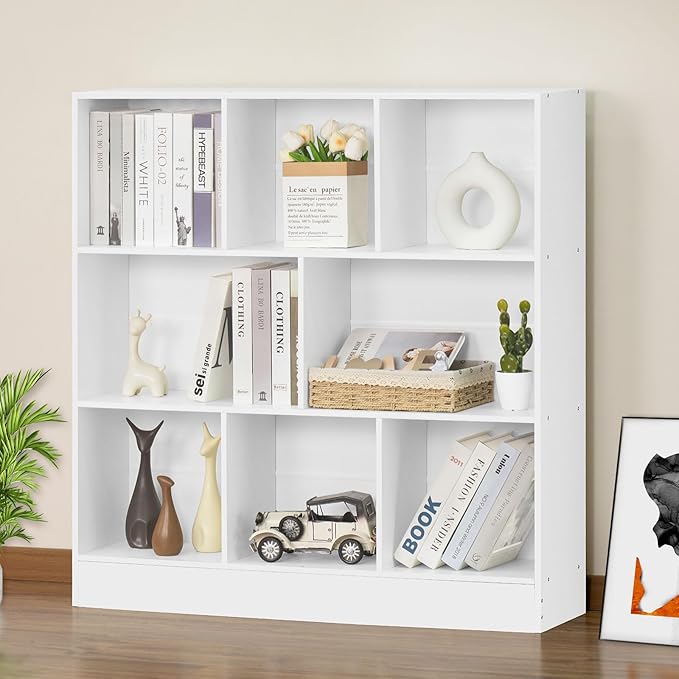 YAHARBO White 3 Tier Bookshelf,Wide Modern Horizontal Bookcase,Wood Low Book Shelf,Wide Display Storage Cabinet with Base,Floor Standing 8 Cube Large Bookcases Organizer for Bedroom,Living Room,Office