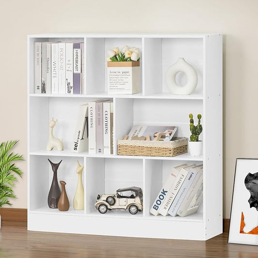 YAHARBO White 3 Tier Bookshelf,Wide Modern Horizontal Bookcase,Wood Low Book Shelf,Wide Display Storage Cabinet with Base,Floor Standing 8 Cube Large Bookcases Organizer for Bedroom,Living Room,Office