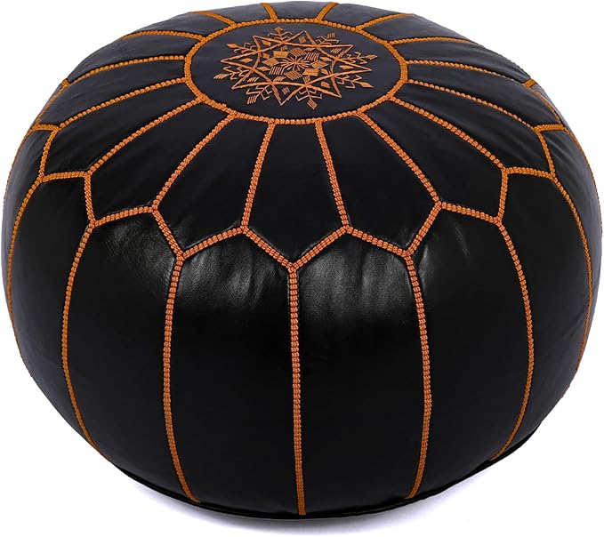 Marrakesh Gallery Genuine Leather Round Pouf Unstuffed - Moroccan Ottoman Footstool, Footrest Cover - Boho Decor - Bohemian Living Room, Bedroom, Kids Room, Gift & Wedding