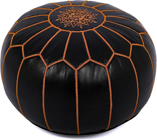 Marrakesh Gallery Genuine Leather Round Pouf Unstuffed - Moroccan Ottoman Footstool, Footrest Cover - Boho Decor - Bohemian Living Room, Bedroom, Kids Room, Gift & Wedding