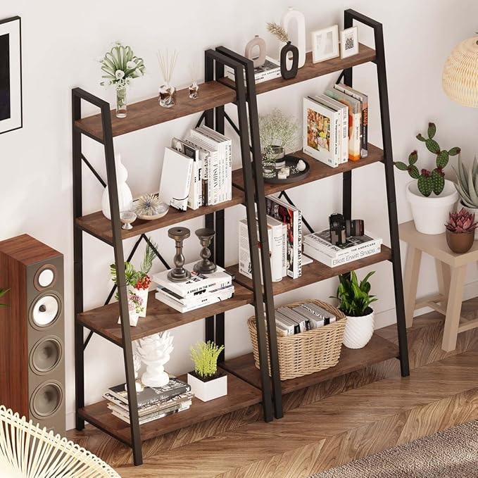 BON AUGURE Industrial Ladder Shelf Bookcase, 4 Tier Rustic Ladder Bookshelf, Standing Leaning Book Shelves for Living Room (Rustic Oak)
