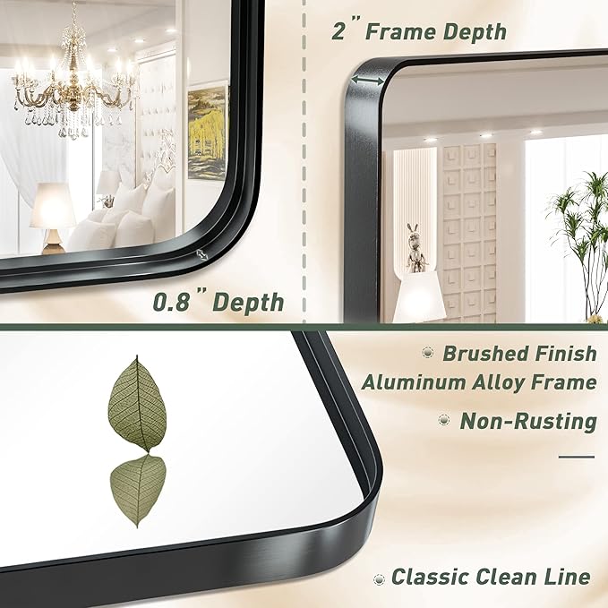 TokeShimi 36 x 36 Inch Wall Mirror Black Bathroom Vanity Mirror with Metal Frame Aluminum Alloy Soft Rounded Corner for Modern Farmhouse Wall Decor 1”Deep Set Design (Horizontal/Vertical)
