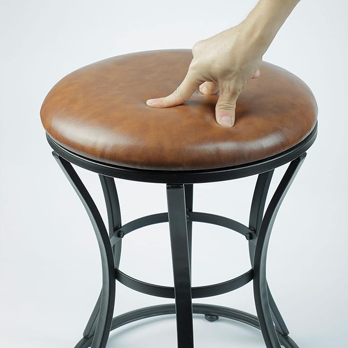 Vanity Stool Chair, Modern Dressing Stool for Makeup Vanity with Black Legs - Backless - Ottomans Round Seat, for Makeup Room, Bedroom, Bathroom, Living Room Accent Furniture Leather Brown