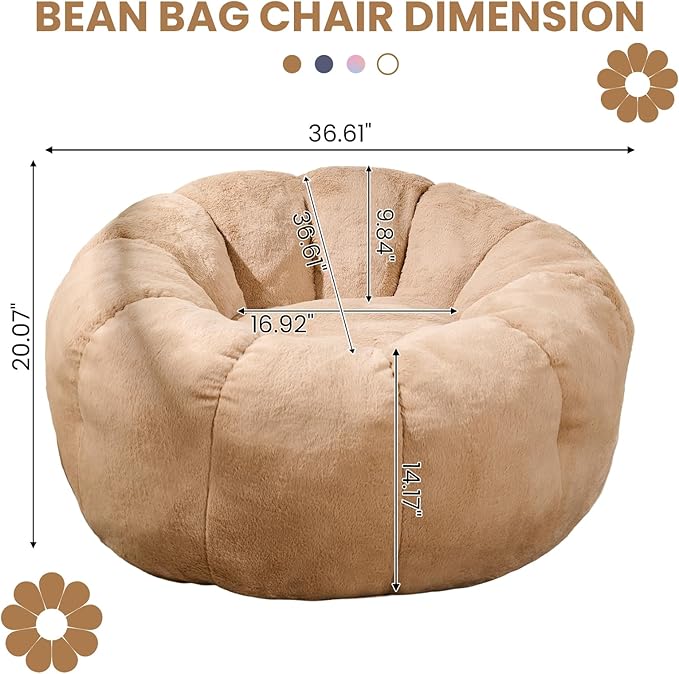 Bean Bag Chair with Filler Included, Faux Fur Comfy Chair with Petal Arm Rest Fluffy Reading Chair for Bedroom, Living Room, Dorm, Game - Taupe, Large, Low Support
