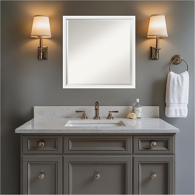 Amanti Art White Bathroom Mirror for Over Sink, 22x22 Incline White Square Vanity Mirror, Medium Modern Contemporary Wood Frame, Hangs Horizonally and Vertically, Bathroom Wall Decor, Beveled Edge