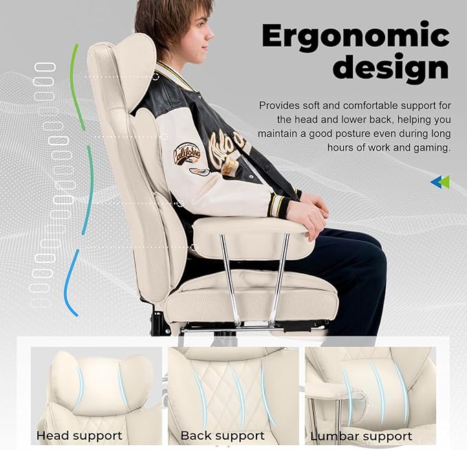 COMHOMA Big and Tall Office Chair, High Back Leather Gaming Chair with Footrest, Executive Ergonomic Office Chairs with Pocket Spring Lumbar Support and with Outward Fixed Soft Armrests