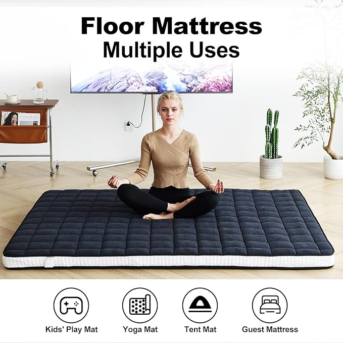 Tiita Japanese Floor Mattress, 4” Thicken Futon Mattress with Storage Bag and 2 Straps, Full Size Sleeping Tatami Mat for Adults，Black