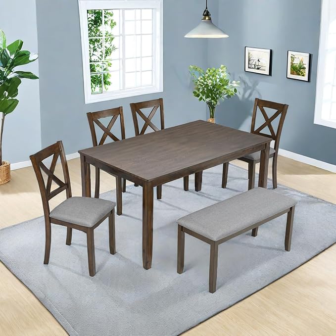 Dining Table Set, 6-Piece Modern Rectangular Dining Table & Chair Set with 4 Upholstered X-Shaped Backrest Chairs and a Bench, Walnut