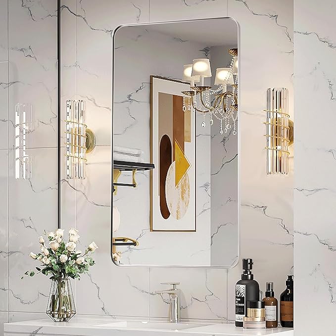 Brushed Nickel Bathroom Mirror, 24x40 Rounded Rectangle Mirror Modern Bathroom Vanity Mirror with Rustproof Alloy Aluminum Frame, Wall Mounted Vertically/Horizontally