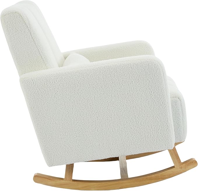 Christopher Knight Home Mapo Wooden Rocking Chair Indoor, Teddy Upholstered Spacious Rocker Chair with Pillow, Comfy Rocking Chair with Armrest for Bedroom, Living Room, Offices, Cream White