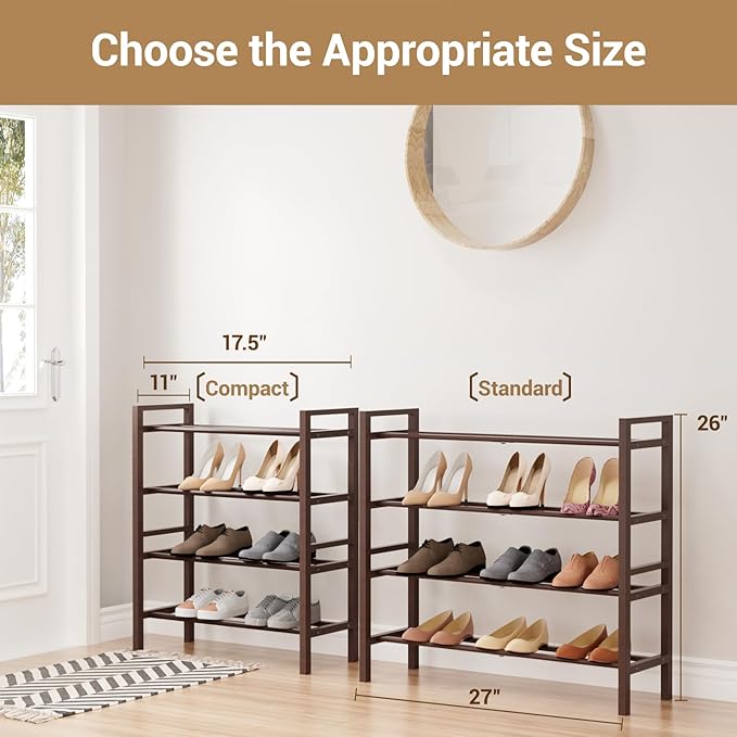 Haddockway Bamboo Shoe Rack for Closet, Free Standing Shoe Organizer with Smooth Round Rods & Convenient Handles, Stackable Shoe Storage Shelf for Entryway, Hallway(Brown, 4-Tier(Small))