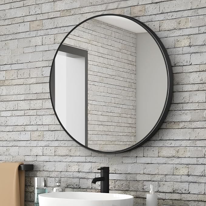 26inch Bathroom Round Mirror,Wall Mounted Vanity Mirror,Steel Frame,Black,Steel Frame