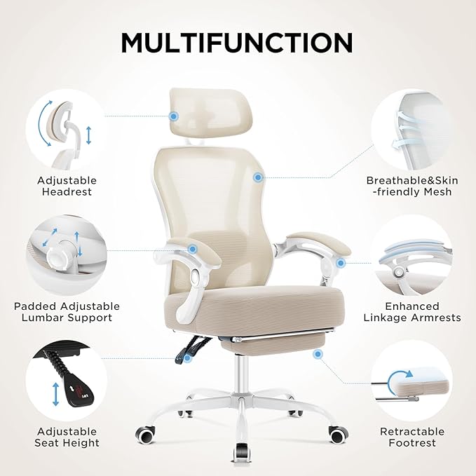 Ergonomic Office Chair with Footrest,Ultra Thick Reclining Desk Chair with Adjustable 2D Lumbar Support and Headrest,Spring Cushion,High Back Premium Mesh Computer Chair,Cream